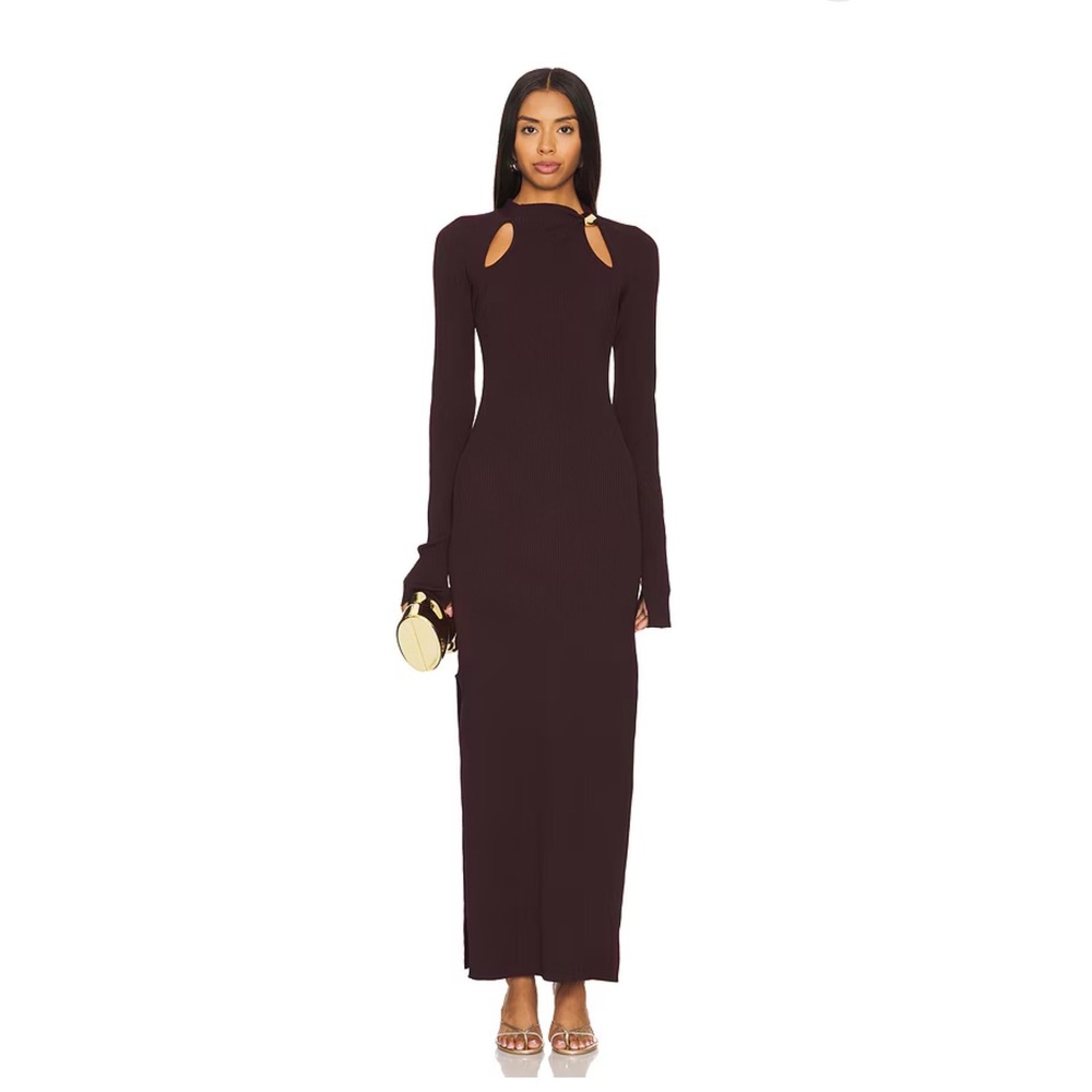 NICHOLAS Ellie Midi Gold Bead Dress in Dark Plum Size Small $495